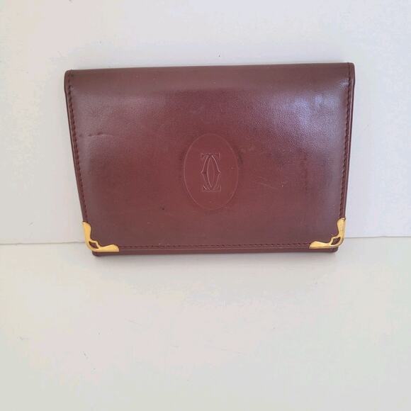 Cartier Vintage Bifold Leather Bordeaux Red Wallet Small Compact Card ID Unisex - Picture 1 of 12